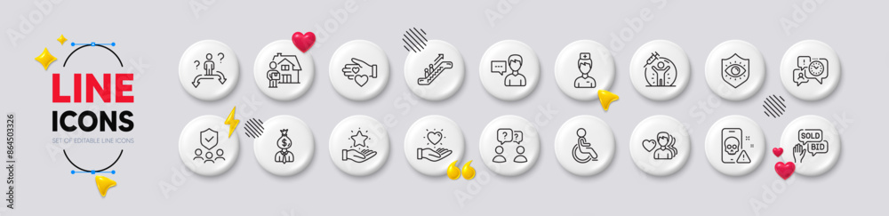 Time management, Hold heart and Escalator line icons. White buttons 3d icons. Pack of Vaccine protection, Business choice, Man love icon. Doctor, Manager, Teamwork questions pictogram. Vector Time management, Hold heart and Escalator line icons. White buttons 3d icons. Pack of Vaccine protection, Business choice, Man love icon. Doctor, Manager, Teamwork questions pictogram. Vector