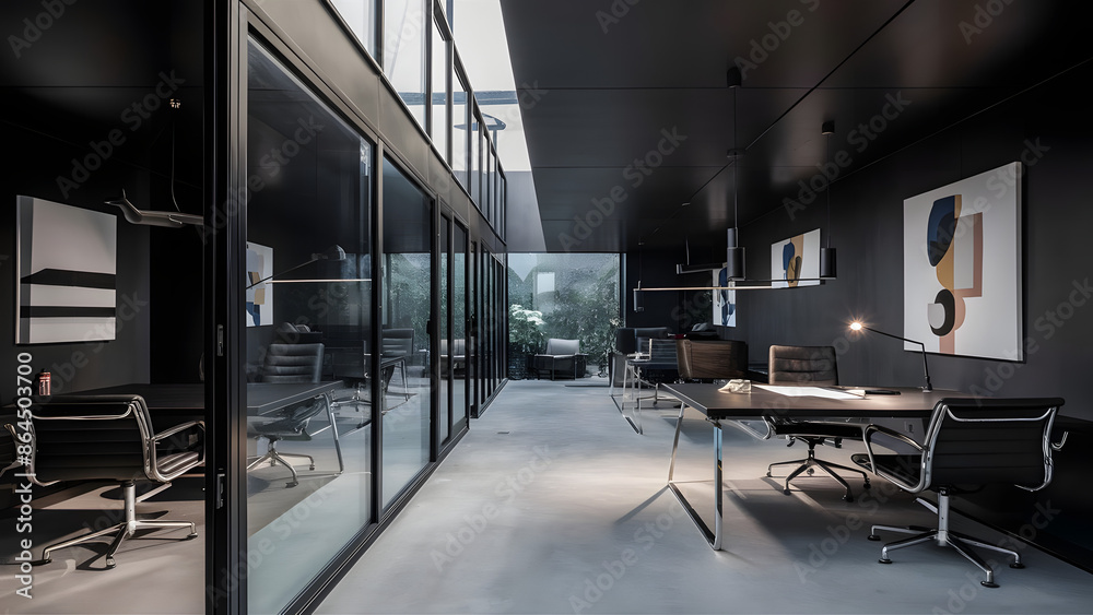 Modern dark open space office interior with minimalistic furniture Modern dark open space office interior with minimalistic furniture