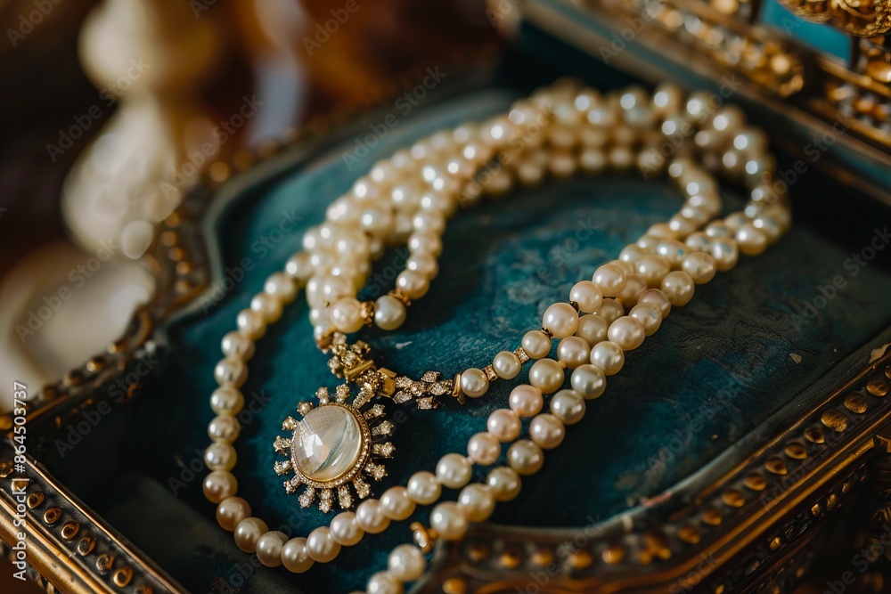 A pearl necklace sits in an antique jewelry box. A pearl necklace sits in an antique jewelry box.
