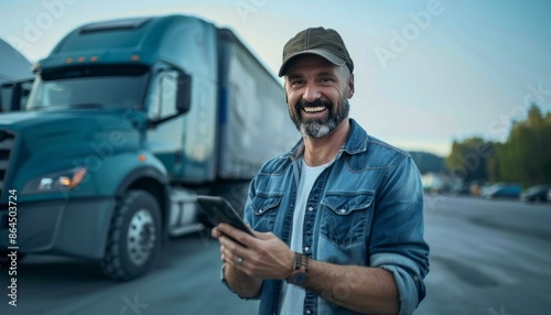 Smiling Truck Driver Using Smartphone Near Semi-Truck in Daylight