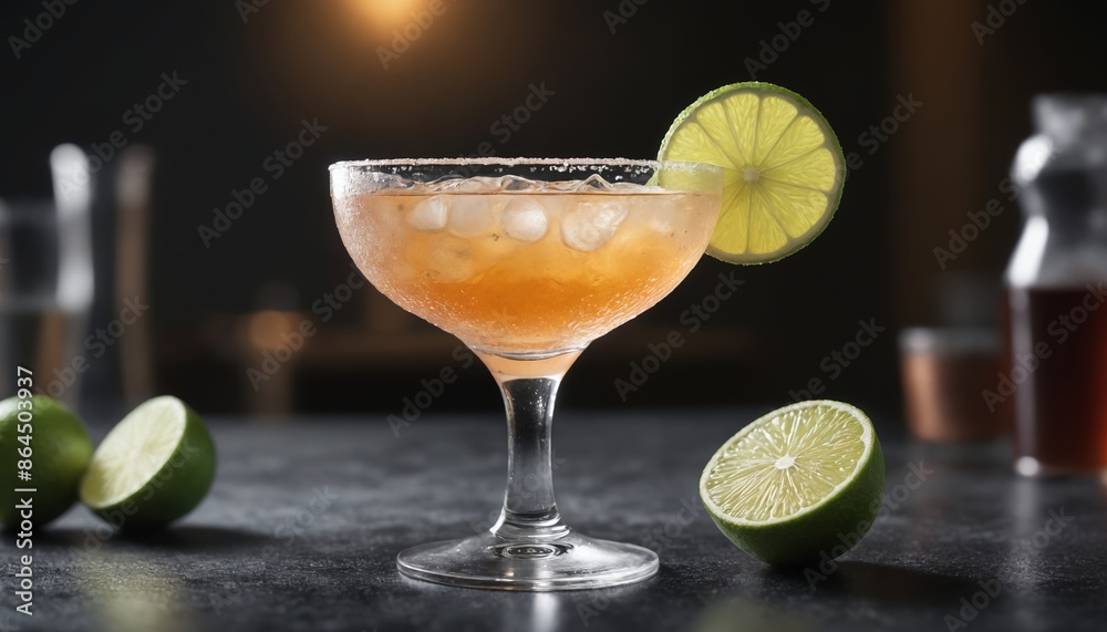 A refreshing summer cocktail with lime garnish on a dark countertop A refreshing summer cocktail with lime garnish on a dark countertop