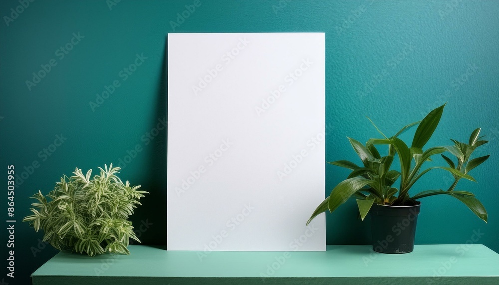 blank sheet of white paper on turquoise wall, on the sides of a green flowerpot. Place for text or logo blank sheet of white paper on turquoise wall, on the sides of a green flowerpot. Place for text or logo