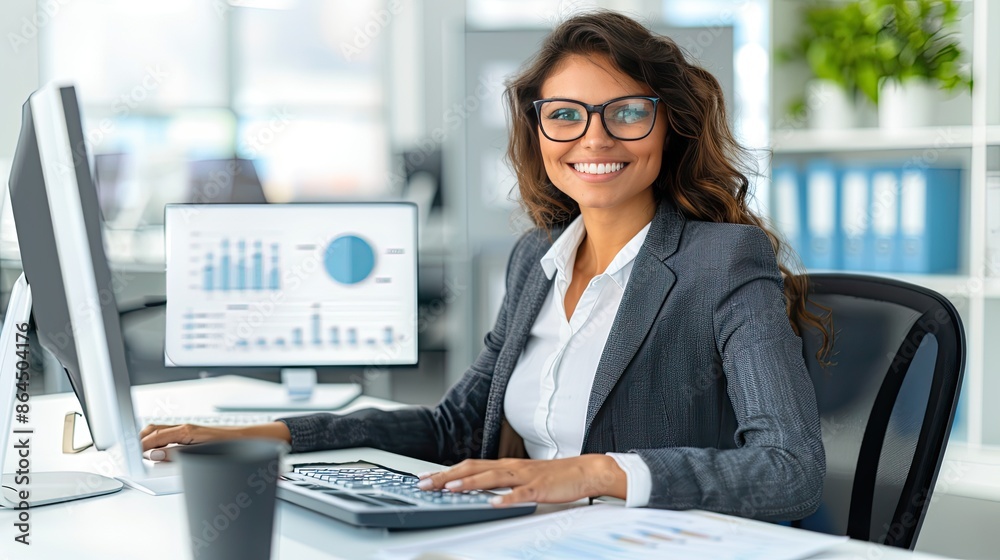 A woman in a business suit sits at her desk working on a computer with data analysis displayed on the screen A woman in a business suit sits at her desk working on a computer with data analysis displayed on the screen