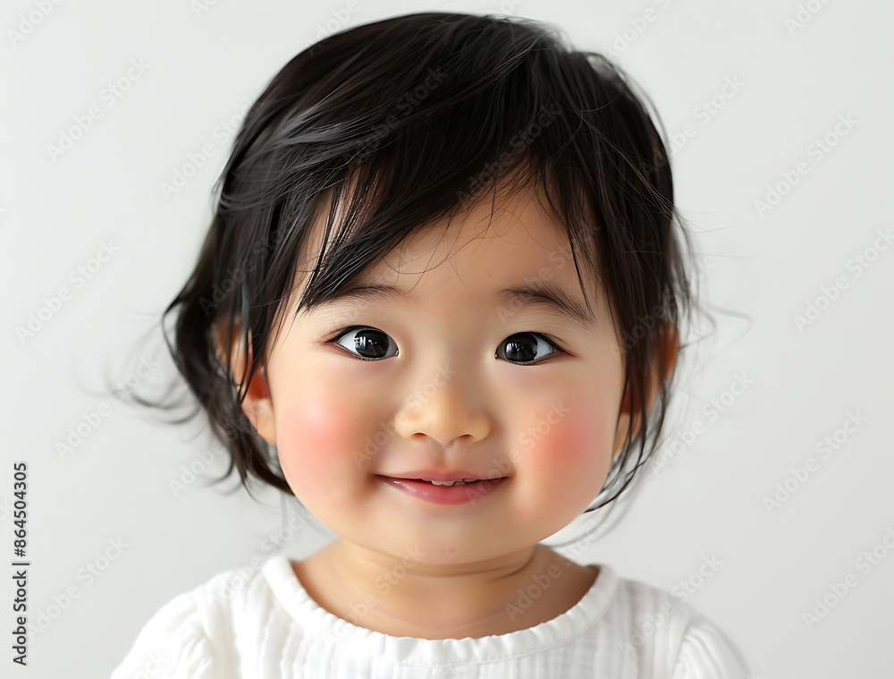 Closeup photo of Asian baby black hair wearing white smiling camera pure white background composition symmetrical bright indoor lighting creating soft shadow highlight her feature She big eye clear
