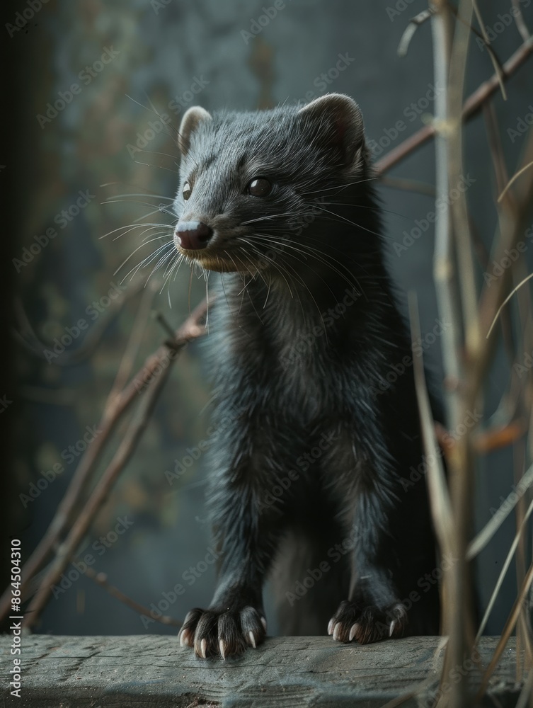 A curious black ferret stands attentively on a wooden surface, surrounded by twigs and leaves, capturing a moment of stillness in its natural habitat. A curious black ferret stands attentively on a wooden surface, surrounded by twigs and leaves, capturing a moment of stillness in its natural habitat.