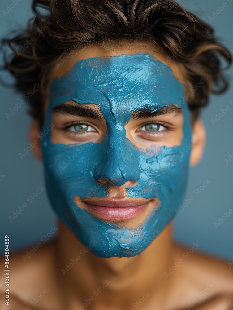 A man with striking green eyes and tousled hair wears a blue facial mask, smiling confidently, capturing a refreshing skincare routine moment. A man with striking green eyes and tousled hair wears a blue facial mask, smiling confidently, capturing a refreshing skincare routine moment.