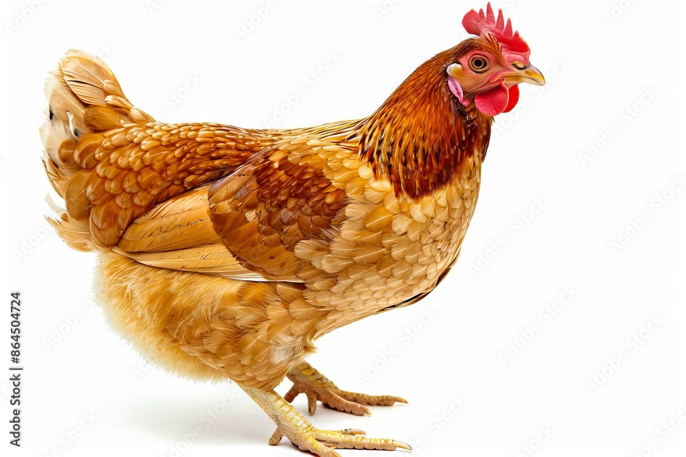Fototapeta premium A chicken is standing on a white background.