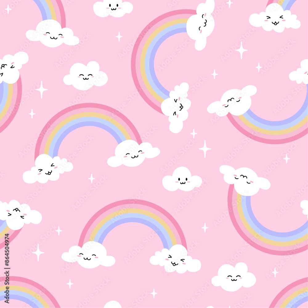 Seamless pattern with rainbows and clouds. Vector illustration. Texture for print, textile, fabric, packaging. Seamless pattern with rainbows and clouds. Vector illustration. Texture for print, textile, fabric, packaging.