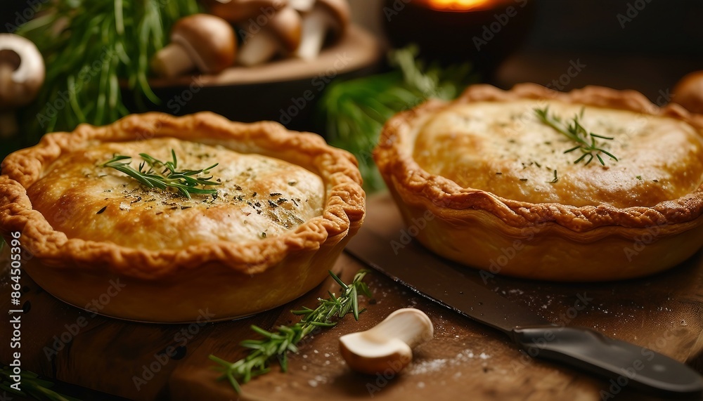 A delicious steak tartar is displayed on a wooden table with two meat pies, mushrooms, and herbs. Knives are on the right, forks on the left. This scene promises an enjoyable meal. A delicious steak tartar is displayed on a wooden table with two meat pies, mushrooms, and herbs. Knives are on the right, forks on the left. This scene promises an enjoyable meal.