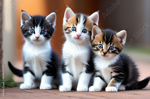 Three small assorted kittens sit against the background of the sky and look around with curiosity. Favorite pets in nature. cat day