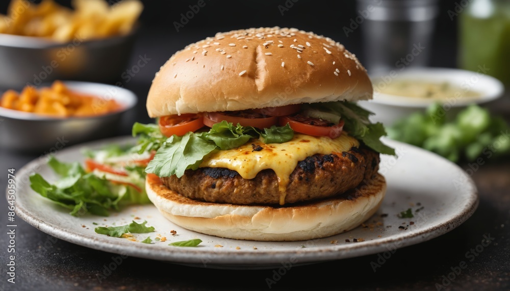 A juicy cheeseburger ready to be devoured on a rustic table A juicy cheeseburger ready to be devoured on a rustic table