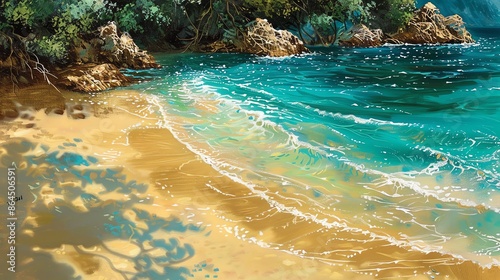 Secluded Tropical Beach with Turquoise Water and Golden Sand, Paradise Getaway Illustration