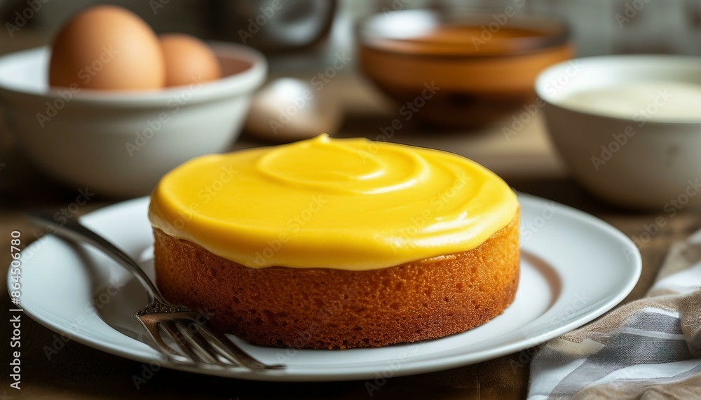 A delicious looking yellow frosted cake sits on a plate with a fork nearby, and two bowls are in the background - one larger than the other. An egg is partially visible above the cake. A delicious looking yellow frosted cake sits on a plate with a fork nearby, and two bowls are in the background - one larger than the other. An egg is partially visible above the cake.