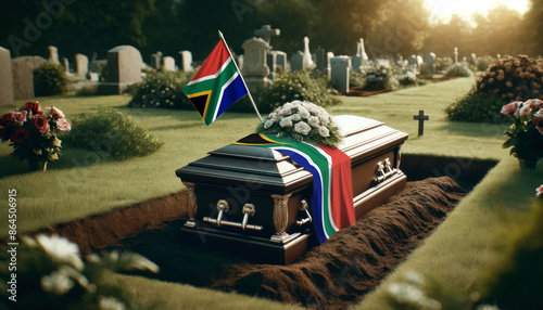 A solemn tribute to a fallen hero, the South Africa flag adorns a coffin at a graveside service, a symbol of gratitude and respect