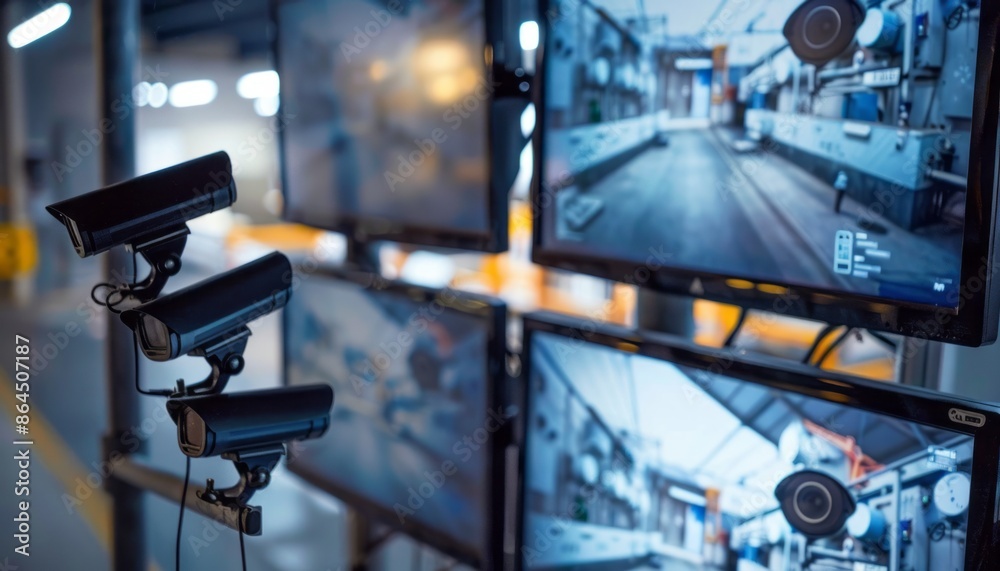 Three Security Cameras Mounted On a Wall With Multiple Screens Displaying Live Footage Three Security Cameras Mounted On a Wall With Multiple Screens Displaying Live Footage