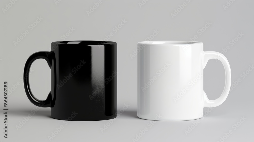 Pair of classic coffee mugs, one black and one white, side by side on a grey background. Great for coffee-themed projects, emphasizing contrast and simplicity Pair of classic coffee mugs, one black and one white, side by side on a grey background. Great for coffee-themed projects, emphasizing contrast and simplicity