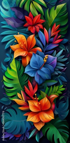 Vibrant abstract illustration of tropical flowers and leaves with vivid colors