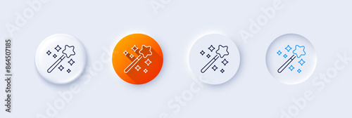 Magic wand line icon. Neumorphic, Orange gradient, 3d pin buttons. Magician stick sign. Wizard tool with star symbol. Line icons. Neumorphic buttons with outline signs. Vector