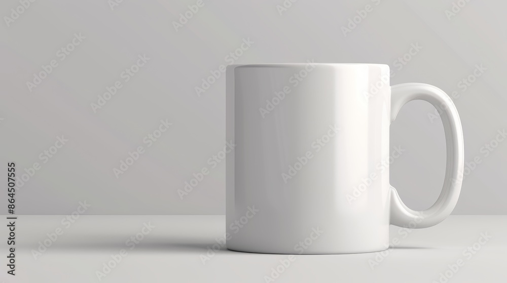 Obraz premium Pristine white ceramic coffee mug on a plain, untextured background, perfect for branding or graphic design mockups, sharp details and high-resolution for professional presentations