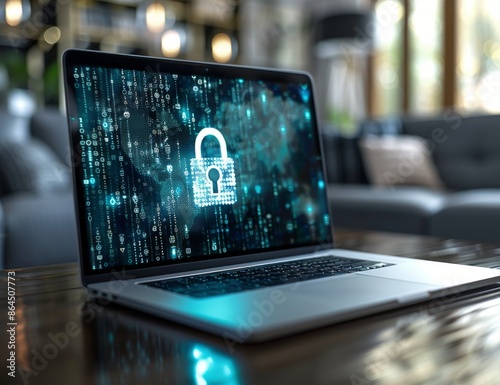 Laptop Displaying A Digital Lock Icon On A Table In A Living Room