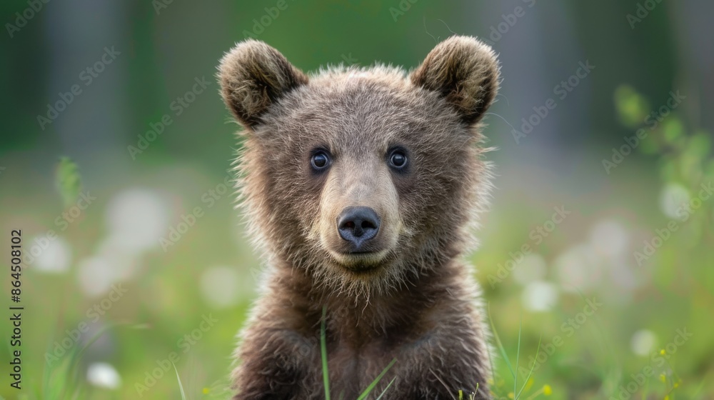 Curious Brown Bear Cub in Lush Greenery