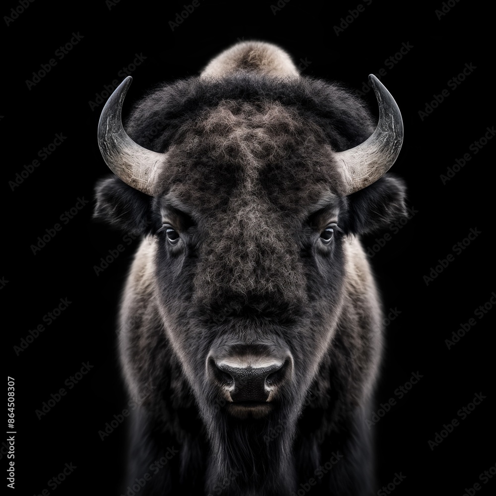 Close-up frontal portrait of a majestic Bison with a powerful gaze and impressive horns on a black background. Close-up frontal portrait of a majestic Bison with a powerful gaze and impressive horns on a black background.