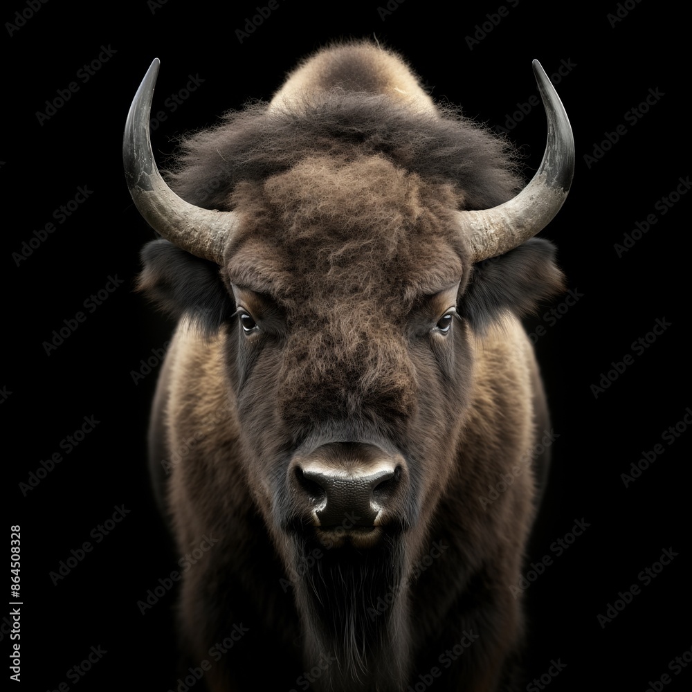 Close-up frontal portrait of a majestic Bison with a powerful gaze and impressive horns on a black background. Close-up frontal portrait of a majestic Bison with a powerful gaze and impressive horns on a black background.