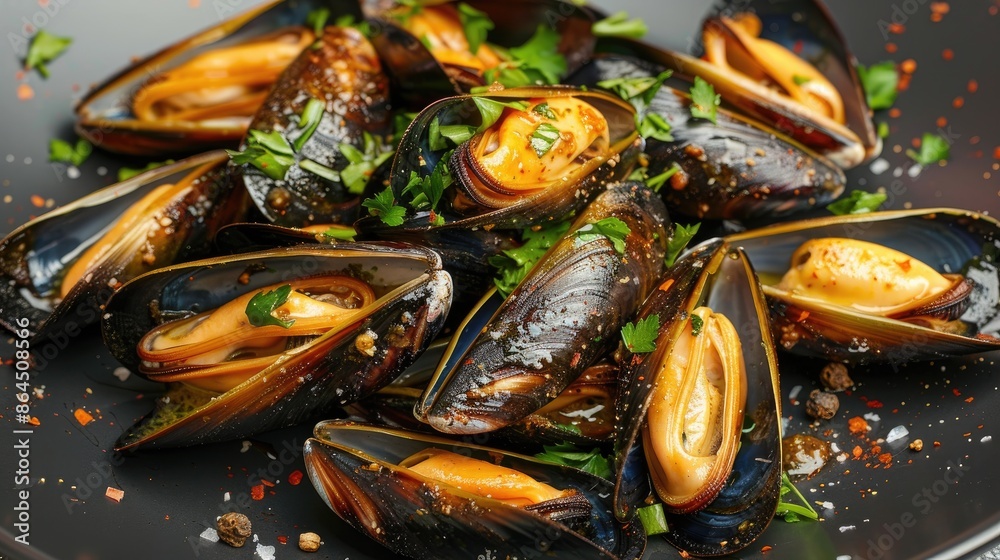Succulent grilled mussels on elegant black plate authentic mediterranean cuisine Succulent grilled mussels on elegant black plate authentic mediterranean cuisine