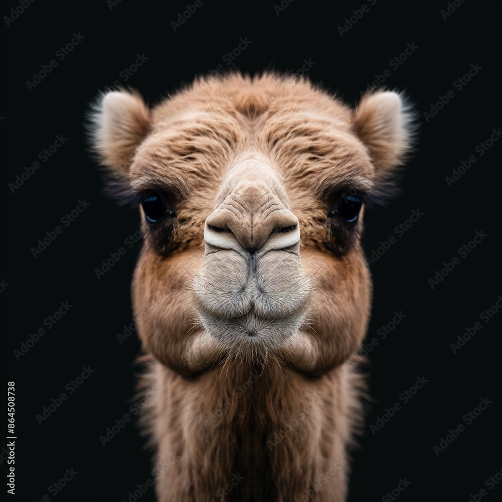 Fototapeta premium Close-up portrait of a camel against a black background, highlighting its facial features.