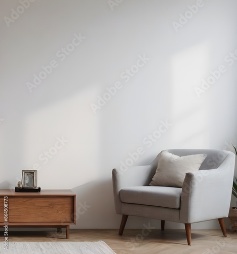 Wooden cabinet and accessories decor in living room interior on empty white wall background. Wooden shelves.	