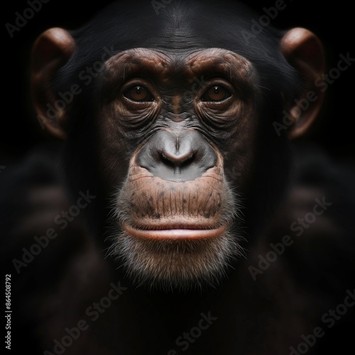 Frontal face portrait of an elegant chimpanzee staring directly at the camera. © Dan