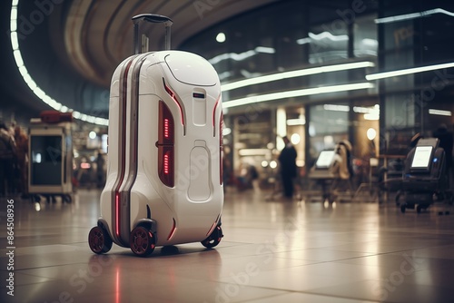 Futuristic suitcase in an airport