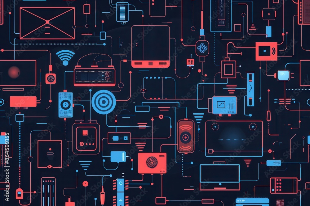 Illustration showing the connection of home devices like routers, modems, and smart gadgets with abstract lines indicating data flow. Generative AI Illustration showing the connection of home devices like routers, modems, and smart gadgets with abstract lines indicating data flow. Generative AI