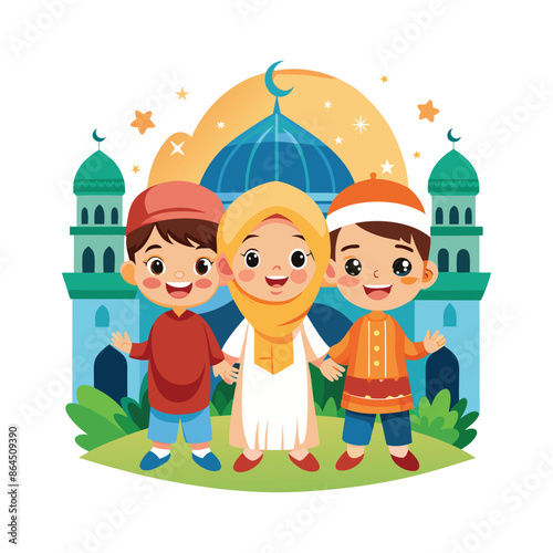 Happy cartoon Muslim kids vector in front of mosque