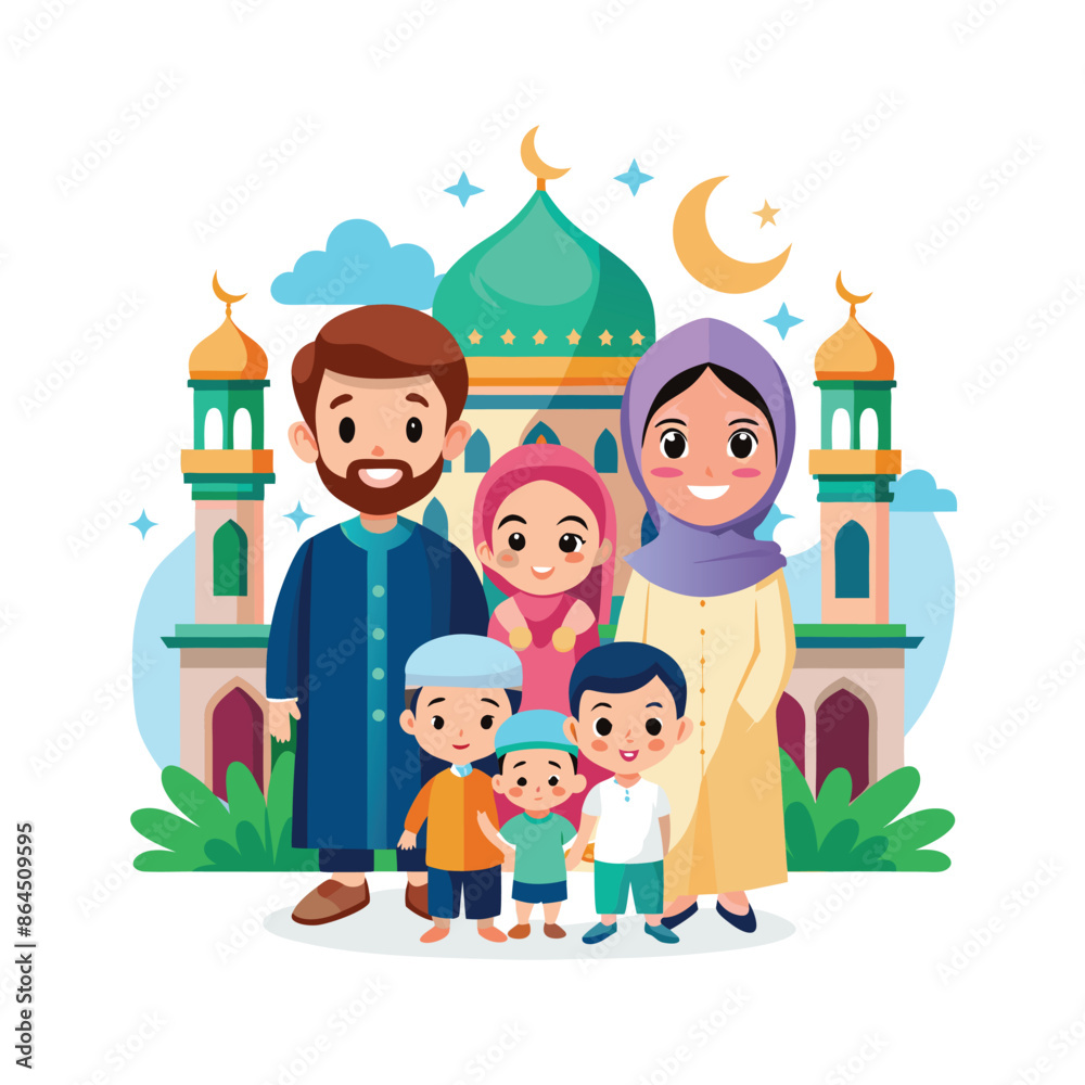 Happy cartoon Muslim kids vector in front of mosque Happy cartoon Muslim kids vector in front of mosque