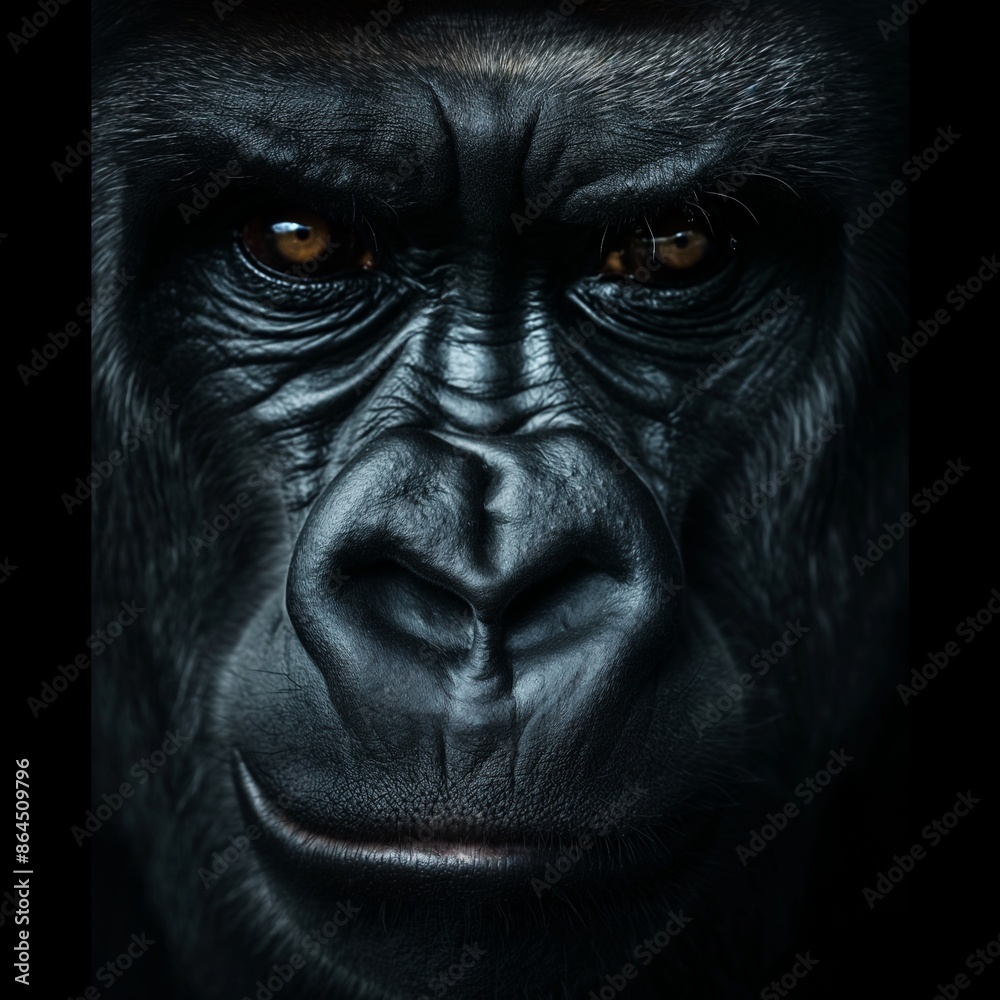 Obraz premium Close-up of a gorilla's face with an intense gaze against a black background.
