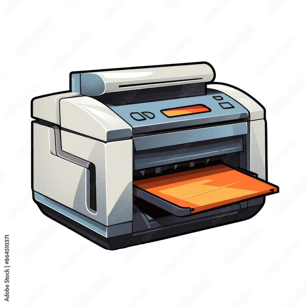 A white and gray printer with an orange paper tray. It's a cartoon-style illustration. A white and gray printer with an orange paper tray. It's a cartoon-style illustration.