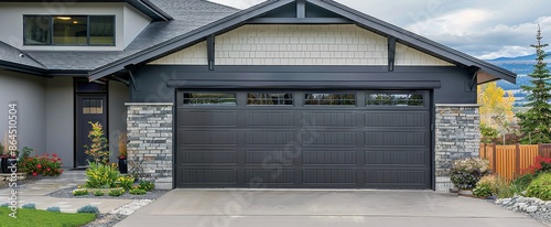Modern Grey Garage Door With Stone Accents and Windows