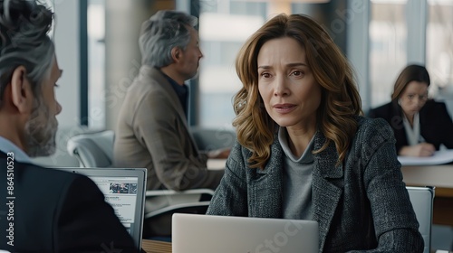 Wallpaper Mural A businesswoman sits at a desk in a modern office, using a laptop while participating in a meeting with her colleagues Torontodigital.ca