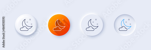 Night weather line icon. Neumorphic, Orange gradient, 3d pin buttons. Moon with cloud sign. Sleep symbol. Line icons. Neumorphic buttons with outline signs. Vector