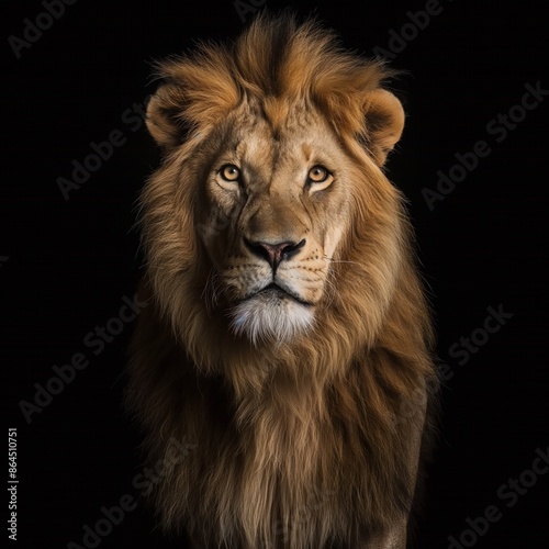 Close-up of a lion's face with an intense gaze against a black background.
