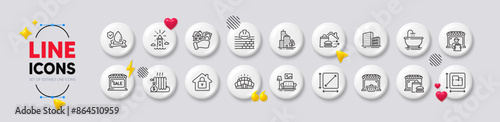 Lighthouse, Square area and Bath line icons. White buttons 3d icons. Pack of Delivery market, Food market, Buildings icon. Flood insurance, Buying house, Food delivery pictogram. Vector