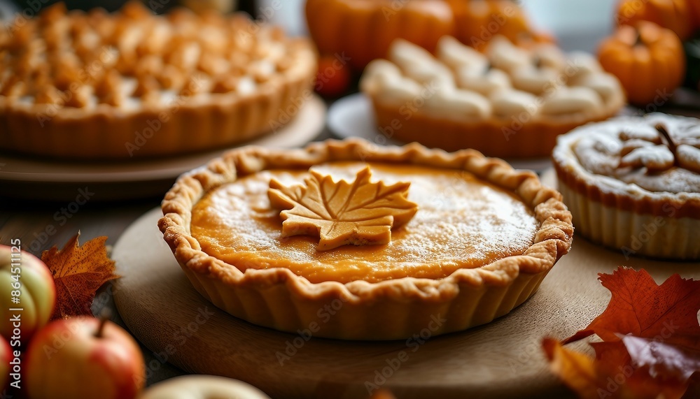 Fall desserts on display at a shop or event, featuring pumpkin and apple pie along with cakes decorated to match the seasonal theme. Fall desserts on display at a shop or event, featuring pumpkin and apple pie along with cakes decorated to match the seasonal theme.