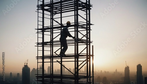 silhouette of A laborer working on scaffolding at the top of a steel skyscraper, sunset and cityscape 