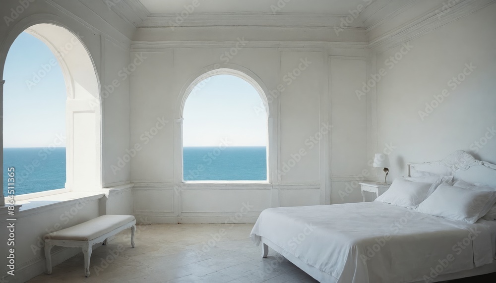 Coastal serenity: a whitewashed room with ocean views and a plush bed Coastal serenity: a whitewashed room with ocean views and a plush bed