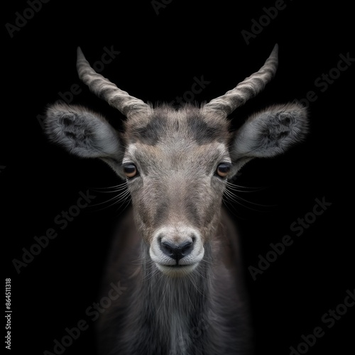 Close-up of a markhor's face with an intense gaze against a black background. © Dan