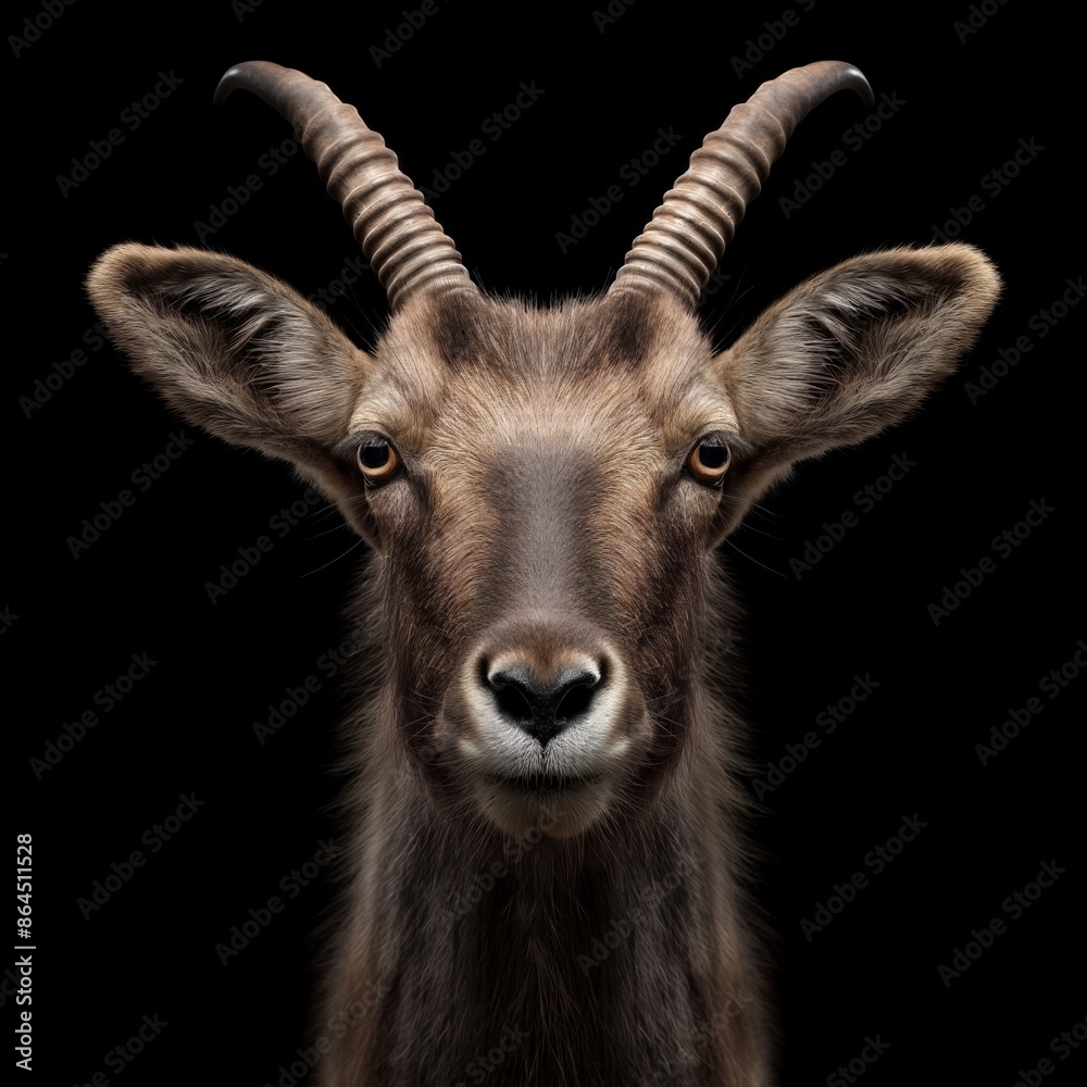 Close-up portrait of a Markhor against a black background, highlighting its elegant features and impressive spiral horns. Close-up portrait of a Markhor against a black background, highlighting its elegant features and impressive spiral horns.