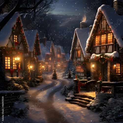 Winter village at night with lights and snowflakes. Digital painting.