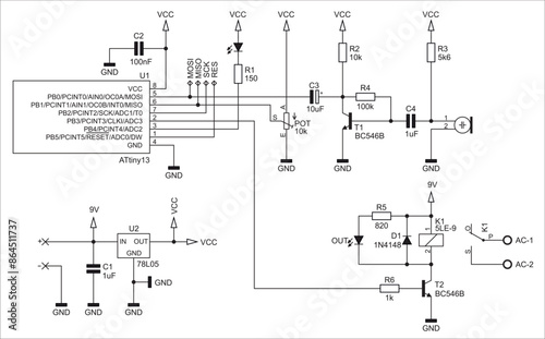 Schematic diagram of electronic device on sheet of paper.
Vector drawing electrical circuit with microcontroller,
transistor, microphone,
resistor, integrated circuit, capacitor, diode, led,
other.