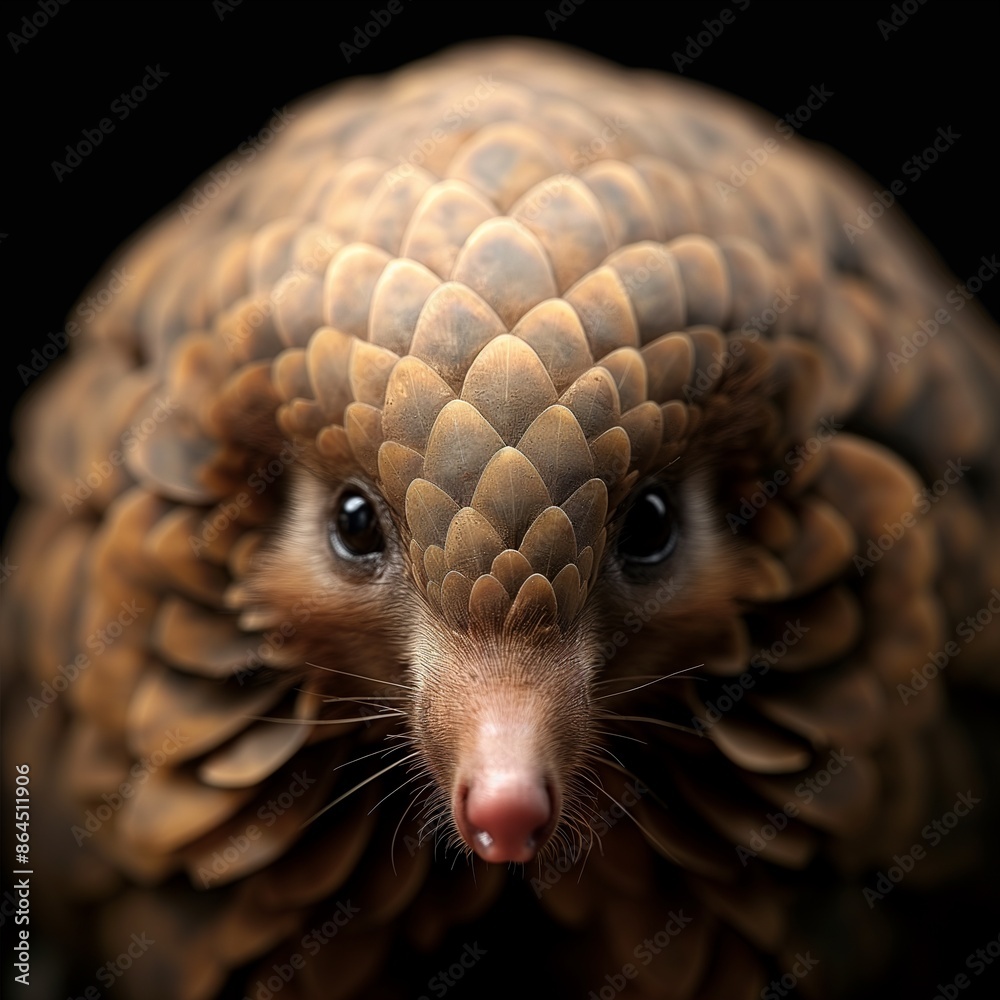 Close-up portrait of a Pangolin against a black background, highlighting its unique scales and curious expression. Close-up portrait of a Pangolin against a black background, highlighting its unique scales and curious expression.